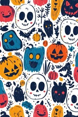 Naklejka premium Doodle Halloween Pattern with Adorable Skeletons, Happy Monsters, and Festive Elements for Kids' Prints