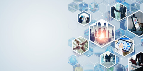 Business and technology concept. Management strategy. Digital transformation. Wide angle visual for banners or advertisements.