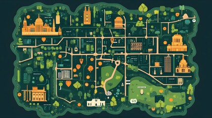 Flat design of a city map with icons for parks, museums, and restaurants