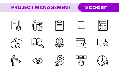 Project Management web icons in line style. Outline icon collection related to Schedule, human resource, management, development, planning, and more.