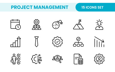 Project Management web icons in line style. Outline icon collection related to Schedule, human resource, management, development, planning, and more.