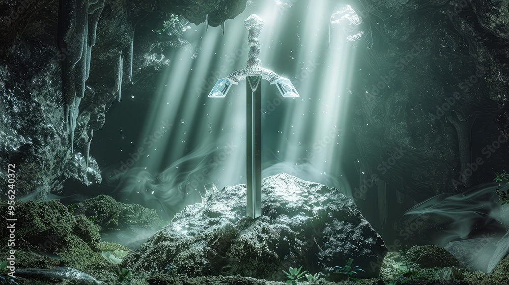 Canvas Prints an ornamental sword with a crystal handle, lodged in a rock within a misty cave, illuminated by shaf