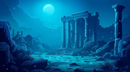 Cartoon-style  illustration depicting a blue marine environment with the ruin, including columns, lying deep underwater.