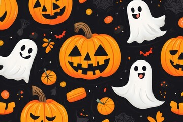 Halloween Seamless Background with Joyful Pumpkins, Friendly Ghosts, and Halloween Treats
