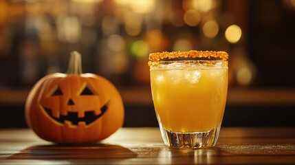 Spooky Halloween Margarita Cocktail with Pumpkin in Restaurant Promo Advertising. AI generated illustration
