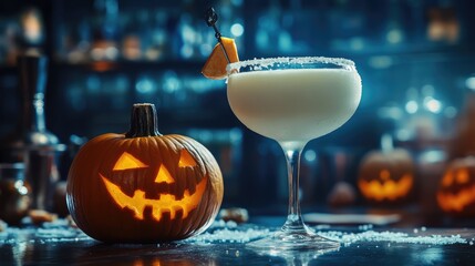 Spooky Halloween Margarita Cocktail with Pumpkin in Restaurant Promo Advertising. AI generated illustration