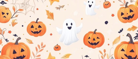 Halloween Seamless Background with Joyful Pumpkins, Friendly Ghosts, and Halloween Treats