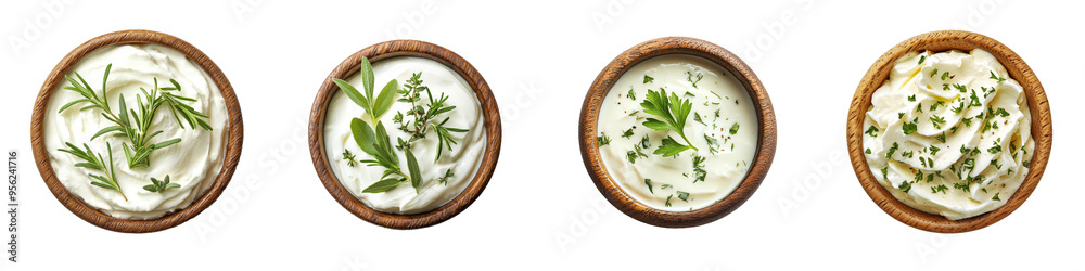 Poster the image includes sour cream on a wooden plate with herbs and onions, mayonnaise and yogurt, separa
