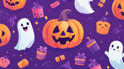 Halloween Seamless Background with Joyful Pumpkins, Friendly Ghosts, and Halloween Treats