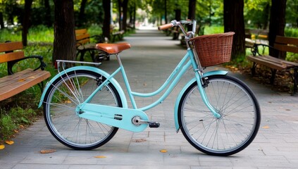 Obraz premium a vintage bicycle with pastel blue paint and leather accents, parked under the shade of a tree in an urban park
