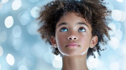 A curly-haired girl, with a dreamy expression looking up, set against a softly blurred background, radiating a beautiful and peaceful childhood vibe.