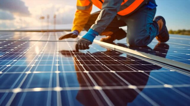 A man in a yellow jacket and blue gloves is kneeling on a solar panel. Concept of hard work and dedication to the task at hand