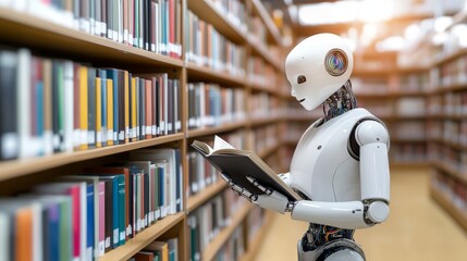 Fototapeta premium An AI Robot Reading in the Library Surrounded by Books and Bookshelves