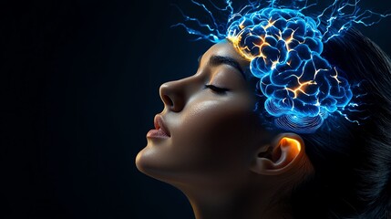 Side profile of a woman with a glowing brain , symbolizing intelligence, creativity, and mental power.