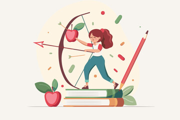 Smart Teacher with Archery Arrow Hitting Apple on Books, Symbolizing Knowledge, Education, and Scholarship