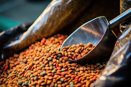 Close-up of pet food in a bag with a scoop, showcasing various kibble types.