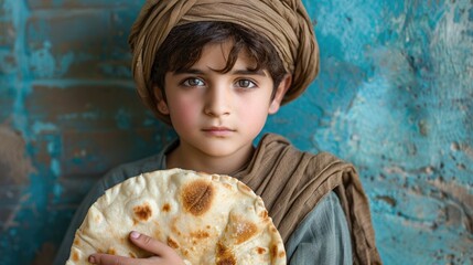 A young boy, dressed casually, stands with a flatbread in front of a blue wall, presenting a vivid snapshot of traditional food and cultural identity in a rural environment.