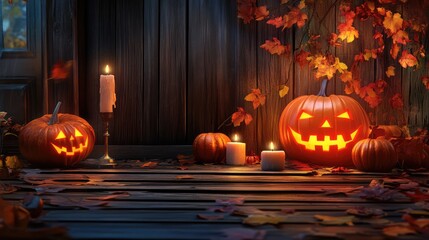 Obraz premium Halloween Pumpkins, Candles, and Autumn Leaves on Wooden House Porch Background. AI generated illustration