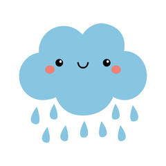 Blue cloud with rain drops. Eyes and mouth. Happy smiling face emotion. Cute cartoon kawaii funny character collection. Childish style. Baby poster. Flat design. Isolated. White background. Vector