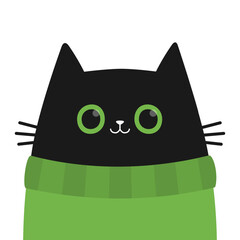 Cat face with big green eyes. Kitten wearing a sweater. Black silhouette icon. Cute cartoon pet baby character. Funny kawaii animal. Sticker print. Childish style. Flat design. White background Vector