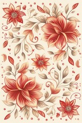 Vintage Floral Pattern with Red and Brown Flowers on Cream Background