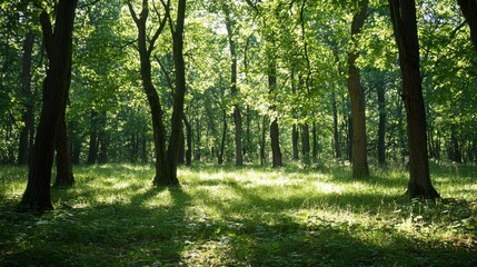 Obraz premium Serene Forest With Sunlight Filtering Through Trees in a Tranquil Natural Setting During Daytime