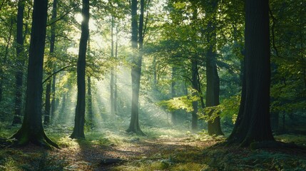 Obraz premium Sunlight Filtering Through a Serene Forest With Lush Greenery, Showcasing a Tranquil and Peaceful Natural Environment