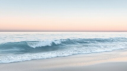 Fototapeta premium Gentle Waves Rolling Onto a Serene Beach at Sunset With a Soft Pastel Sky in the Background