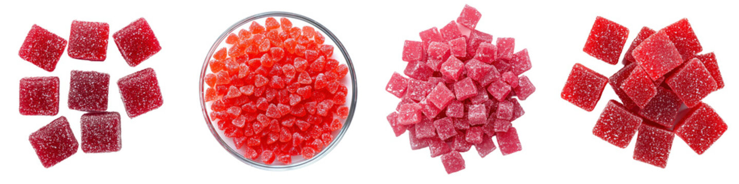 The candied fruit of a multicolored pineapple is isolated on a white background.