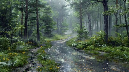 Naklejka premium A scenic, winding path through a dense forest on a rainy day, with dark, leafy trunks and wet ground, creating a moody and atmospheric outdoor experience.