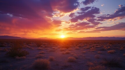 Fototapeta premium Serene Sunset Casting Golden Hues Over a Vast Desert Landscape With Scattered Shrubs and Distant Mountains