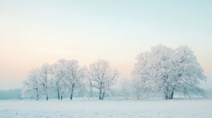 Obraz premium A Tranquil Winter Landscape Featuring Frosted Trees Under a Pale Sky at Dawn in a Quiet Natural Setting
