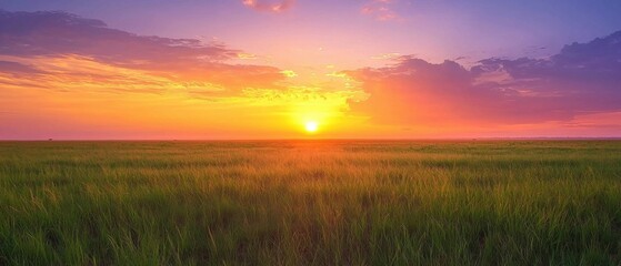 Fototapeta premium A Stunning Sunset Over Lush Grassy Plains Showcasing the Beauty of Nature During Twilight Hours