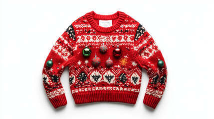 A red knitted Christmas sweater with festive ornaments, isolated on white. A symbol of winter holidays, traditional knitwear for the New Year. 
