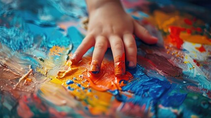 Close-up of little fingers painting with paints, highlighting the vibrant colors and textures on the palette, highlighting the creativity and messiness of artistic activity.