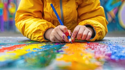 Obraz premium A close-up of a child's hands painting with bright acrylic colors and a brush, focusing on the vibrant strokes and palette in a colorful art workshop.