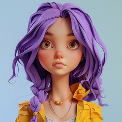 Whimsical 3D Character with Purple Hair and Expressive Eyes