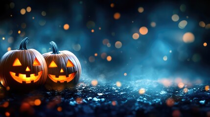 Festive Halloween Banner with Pumpkins and Dark Glowing Background. AI generated illustration