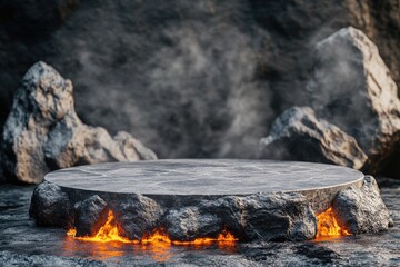 Stone platform with glowing lava. Perfect for showcasing products, brands, or concepts related to heat, power, or nature.