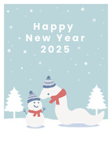 雪だるまとへびの年賀状