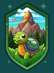 Cartoon Turtle in Mountainous Landscape with Shield Border