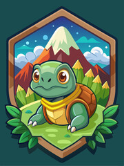 Cute Cartoon Turtle in a Mountain Landscape