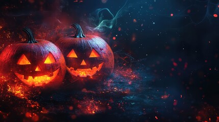 Festive Halloween Banner with Pumpkins and Dark Glowing Background. AI generated illustration