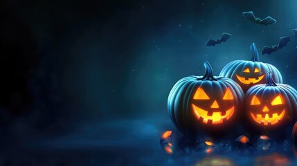 Festive Halloween Banner with Pumpkins and Dark Glowing Background. AI generated illustration
