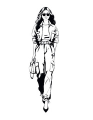 fashion illustration of walking stylish woman