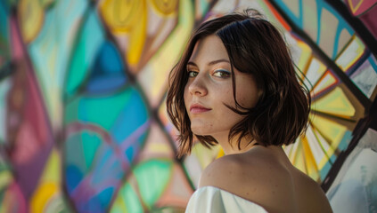 Woman with dark brown hair in a bob cut, posing in front of a colorful mural, A young woman with...