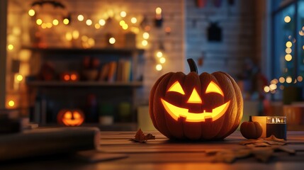 Fototapeta premium Glowing Halloween Pumpkin on a Desk at Home in 3D Illustration. AI generated illustration