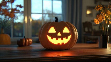 Glowing Halloween Pumpkin on a Desk at Home in 3D Illustration. AI generated illustration