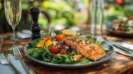 A gourmet platter with salad and grilled salmon graces a rustic table, enhanced by soft lighting and nature.