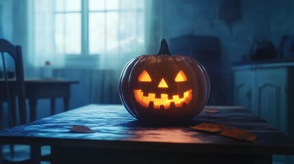 Glowing Halloween Pumpkin on a Desk at Home in 3D Illustration. AI generated illustration